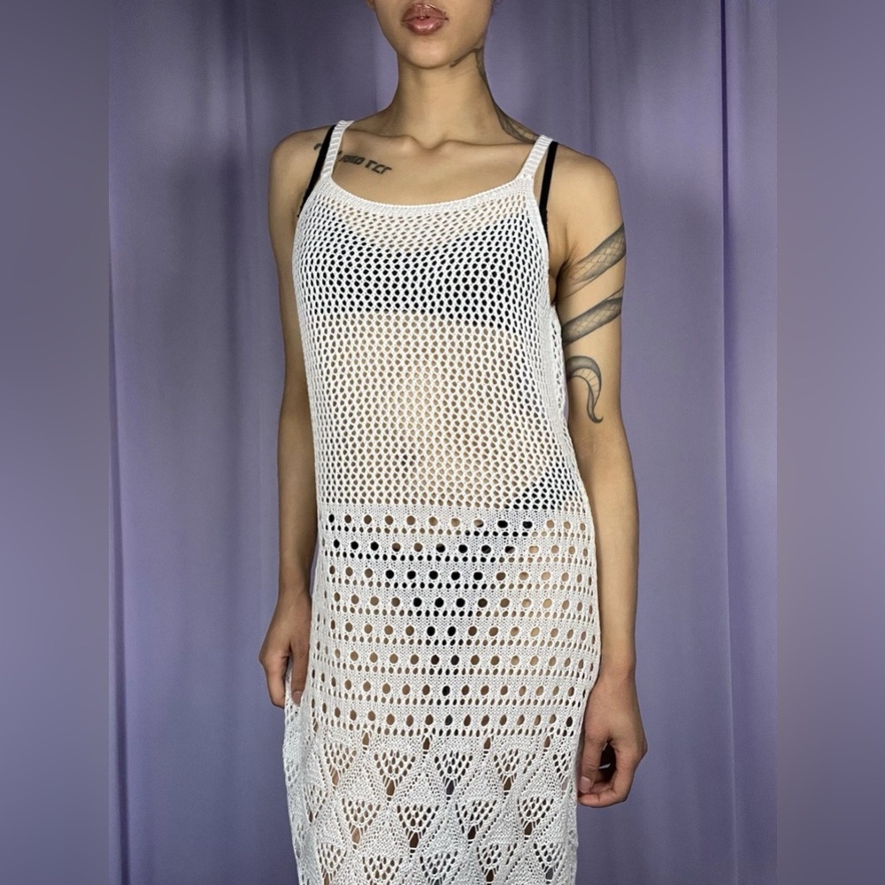 White Crochet Swimsuit Cover Up Maxi Dress Size XL Aztec Boho Hippie Minimalist